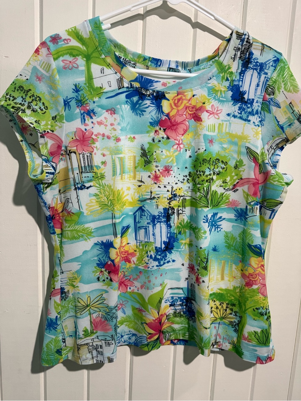 Source Unknown Tropical Floral Short Sleeve Top - Blue, Pink, Green